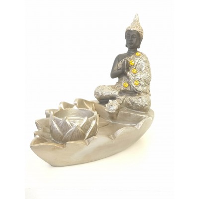 Bouddha thaï avec bougie sur feuille (gris et noir)
