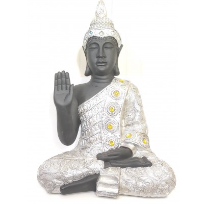 Grand Bouddha noir avec robe grise et pierre jaune